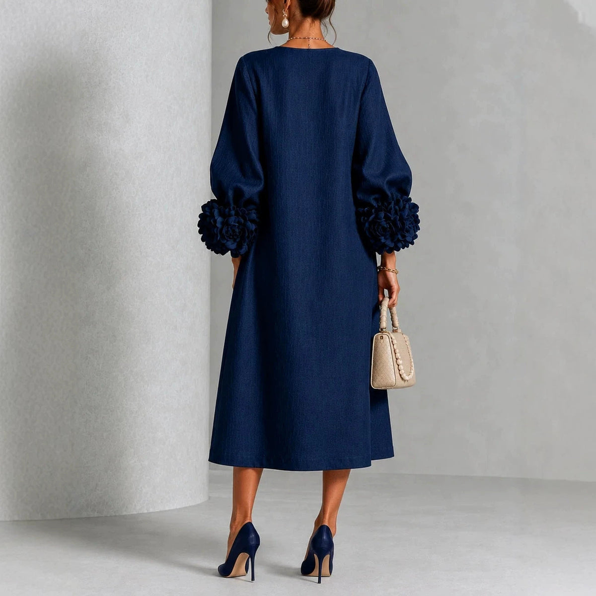 Ivy — Abito Midi a Fiori con Maniche a Rosa