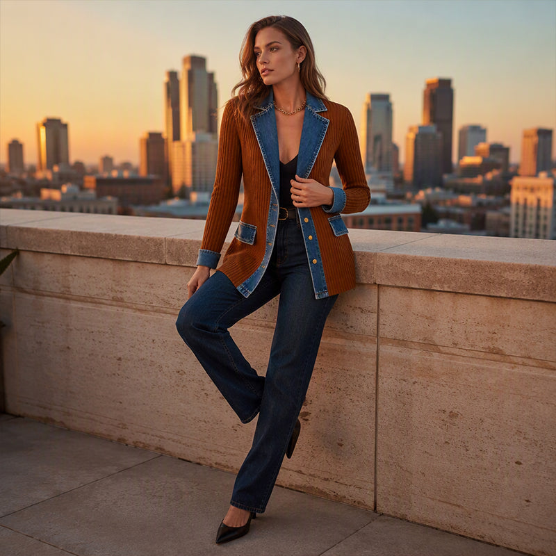 Manuela — Cappotto in Maglia con Revers in Denim