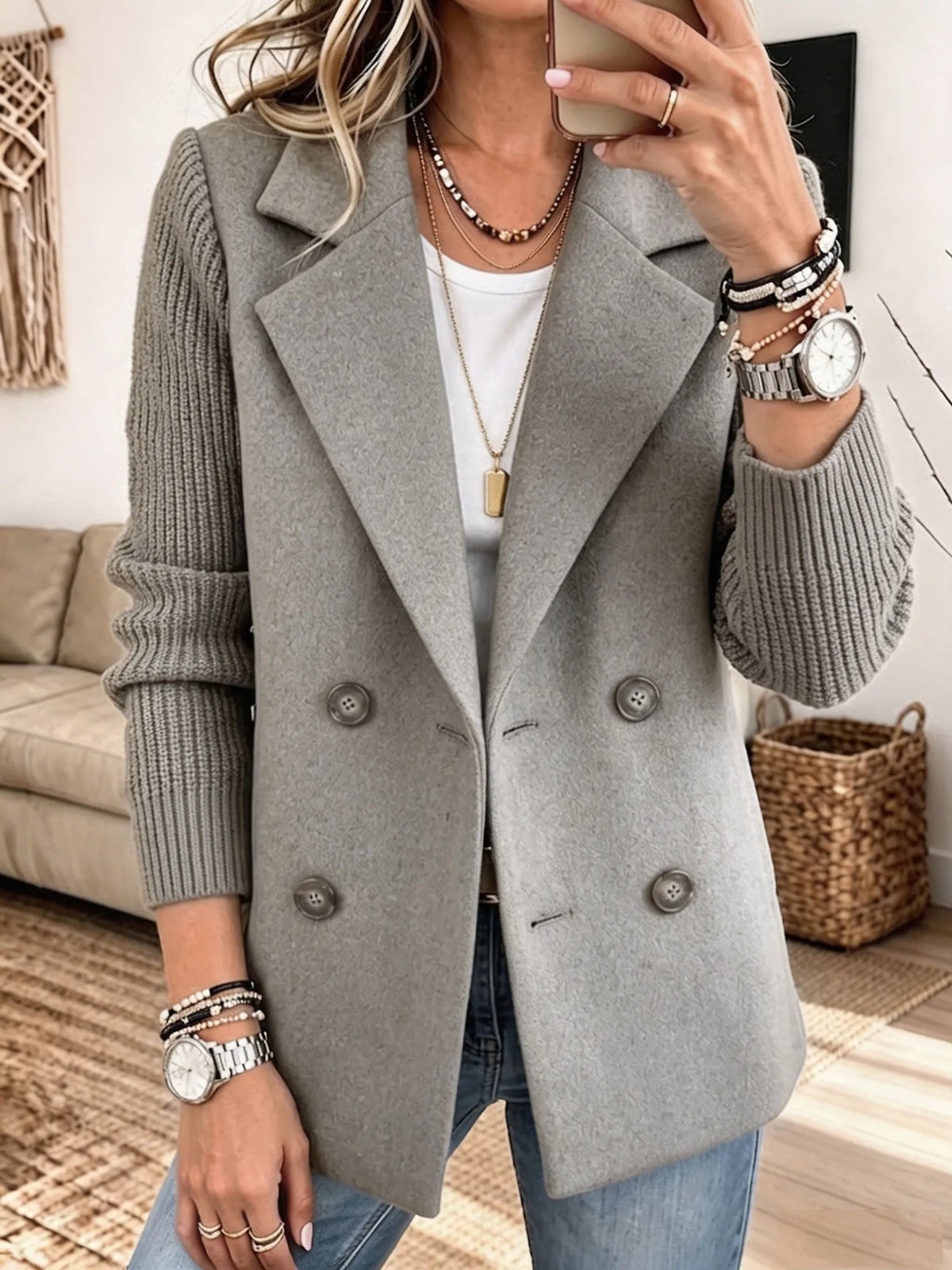 Costanza — Blazer Elegante con Maniche in Maglia Grigio