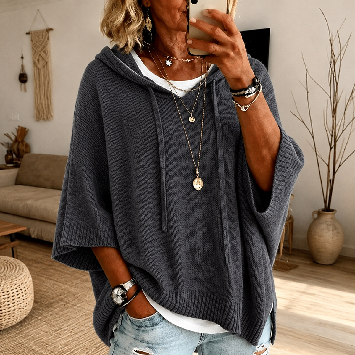 Camille — Poncho in Maglia con Cappuccio Antracite