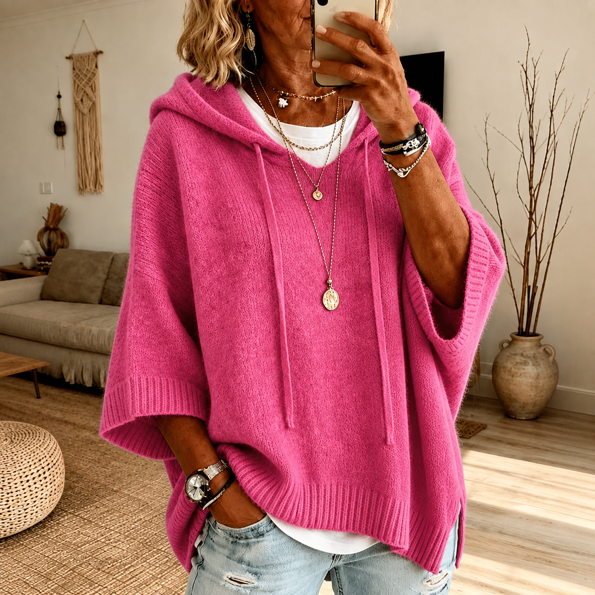Chloe — Poncho in Maglia con Cappuccio Rosa