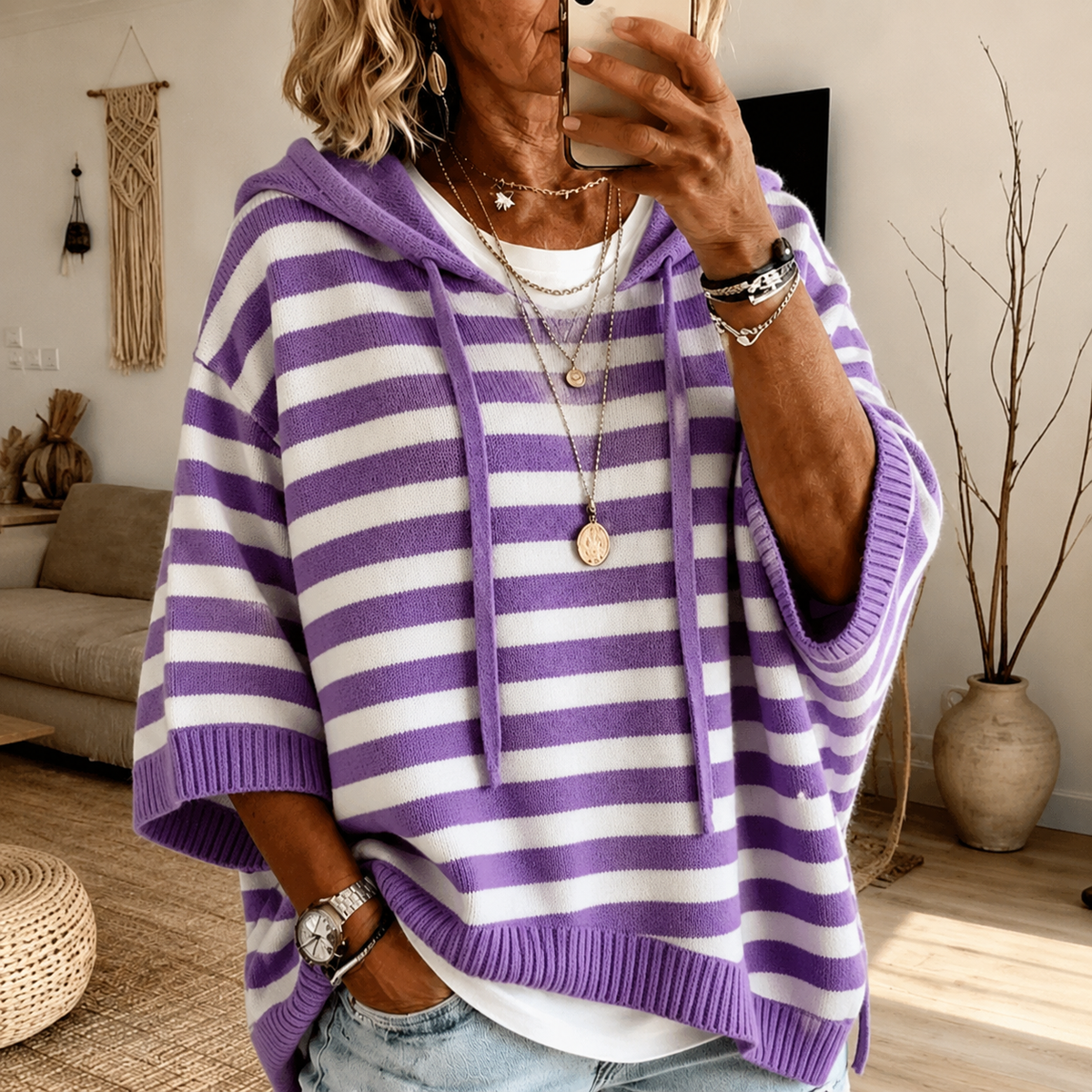 Anais — Poncho in Maglia a Righe Viola
