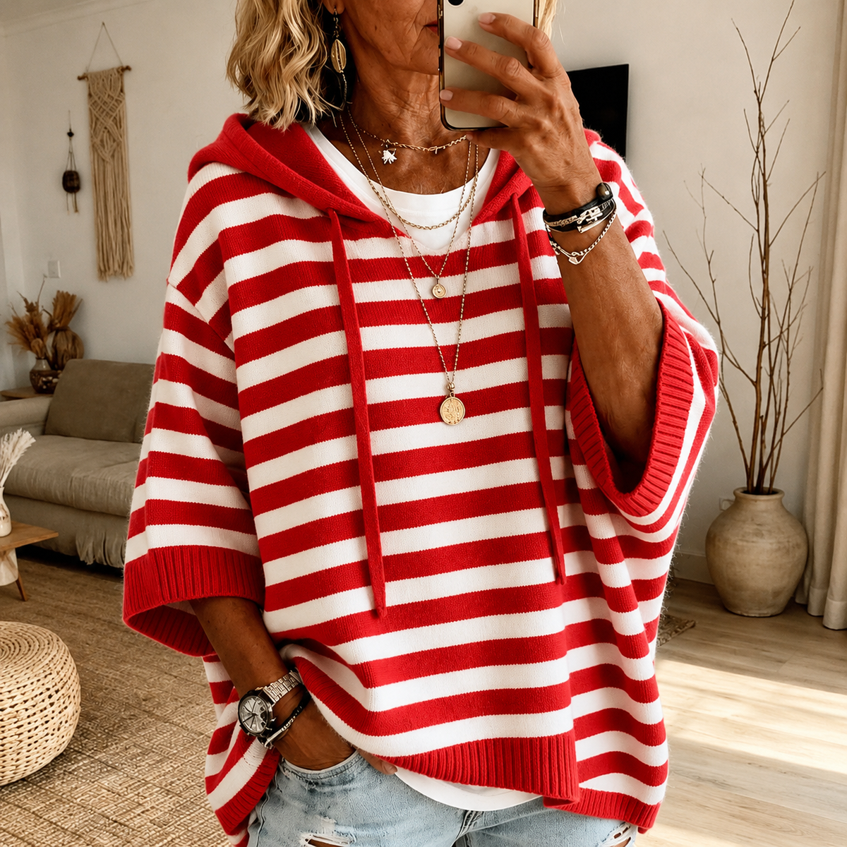 Charlotte — Poncho in Maglia a Righe Rosso