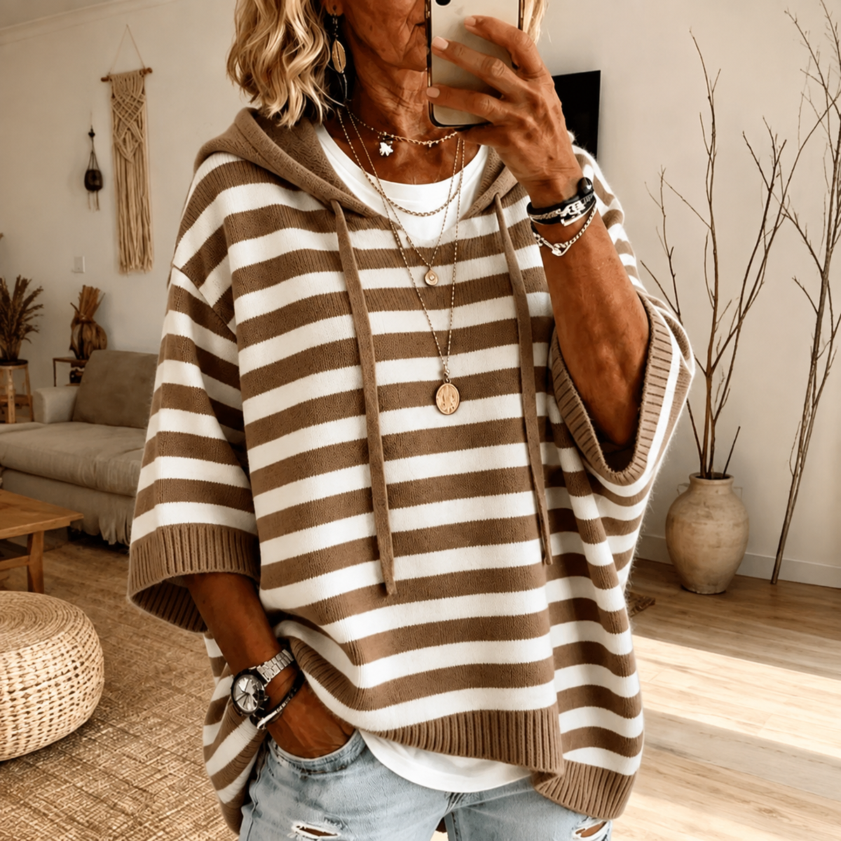 Mathilde — Poncho in Maglia a Righe Tortora