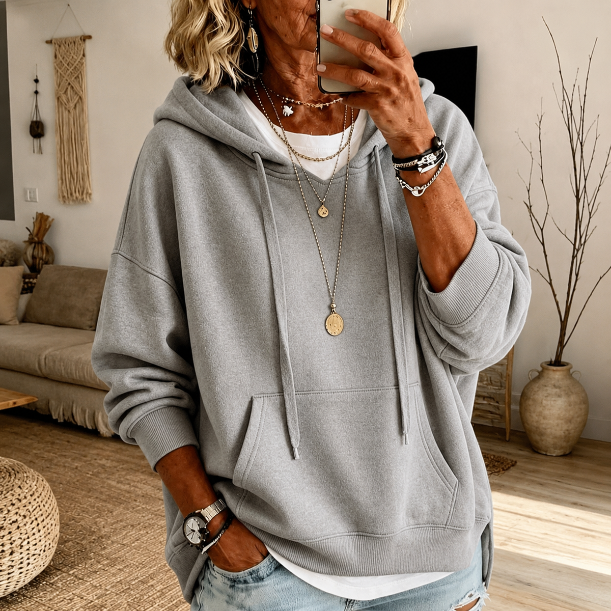 Elaijah — Maglione Oversize con Cappuccio Grigio Chiaro