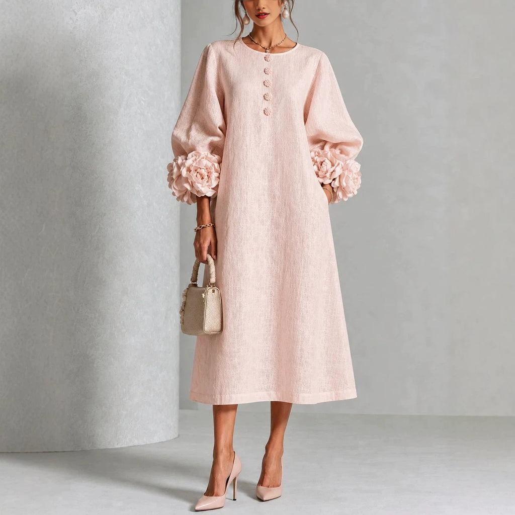 Ivy — Abito Midi a Fiori con Maniche a Rosa